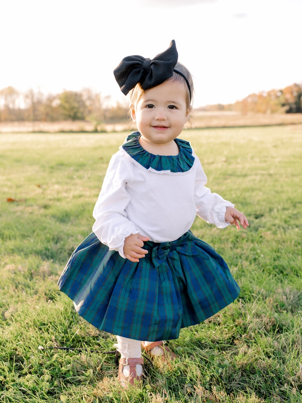 Edgehill Collection White Top with Green and Navy Tartan Skirt Set